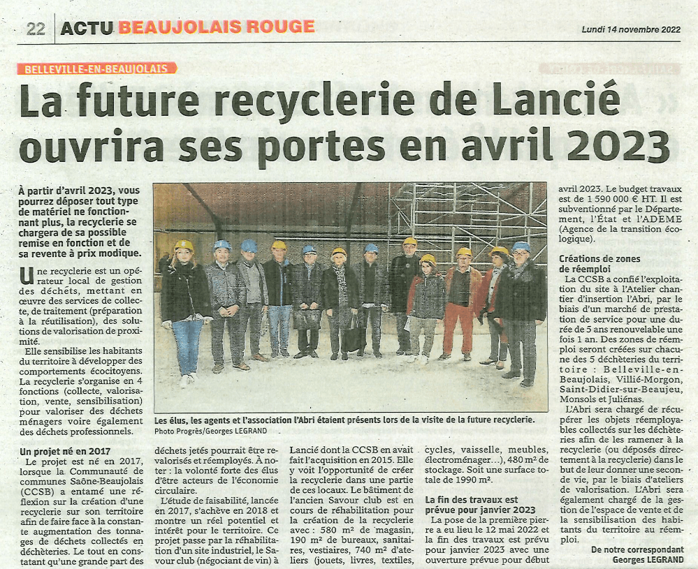 recyclerie de Lancié ouvrira en avril 2023
